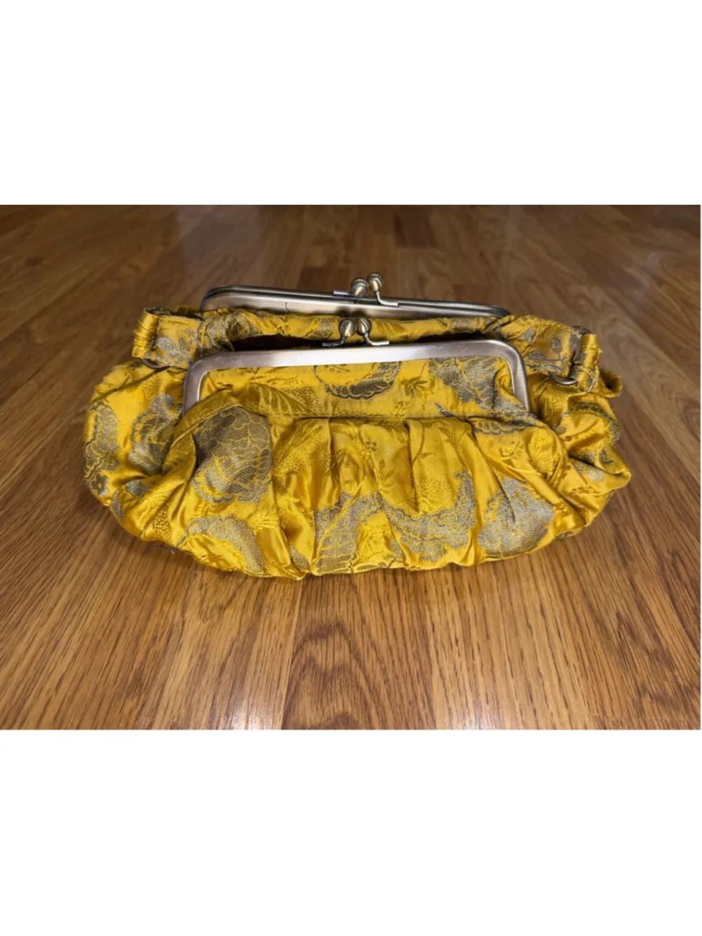 Anthropologie Y2K Nest Clutch Bag Yellow Gold Floral Silk Blend